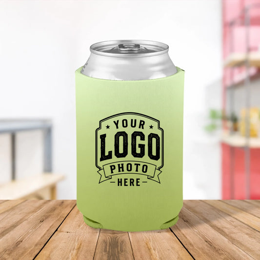 Custom printed Lime Chill light green and lime green can cooler personalized with logos, names, text, and artwork for sports teams, businesses, fundraisers, and promotional events.