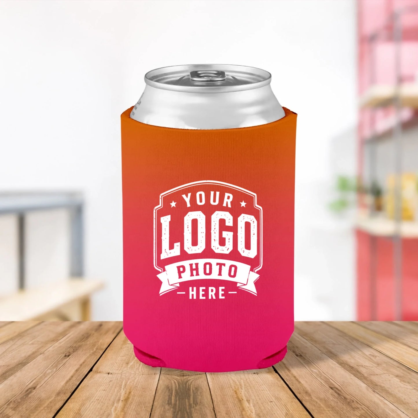 Custom printed Neon Sunset orange and hot pink can cooler personalized with logos, names, text, and artwork for businesses, parties, festivals, fundraisers, and promotional events.