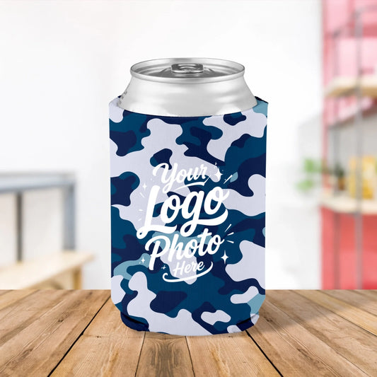Custom printed Ocean Navy camouflage can cooler personalized with logos, names, text, and artwork for businesses, boating events, fishing tournaments, promotions, and giveaways.
