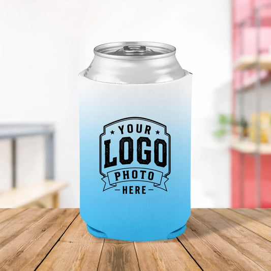 Custom printed Sky Drop white and blue can cooler personalized with logos, names, text, and artwork for businesses, sports teams, events, fundraisers, and promotional giveaways.