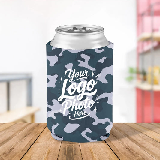 Custom printed Storm Blue camouflage can cooler personalized with logos, names, text, and artwork for businesses, sports teams, events, fundraisers, and promotions.