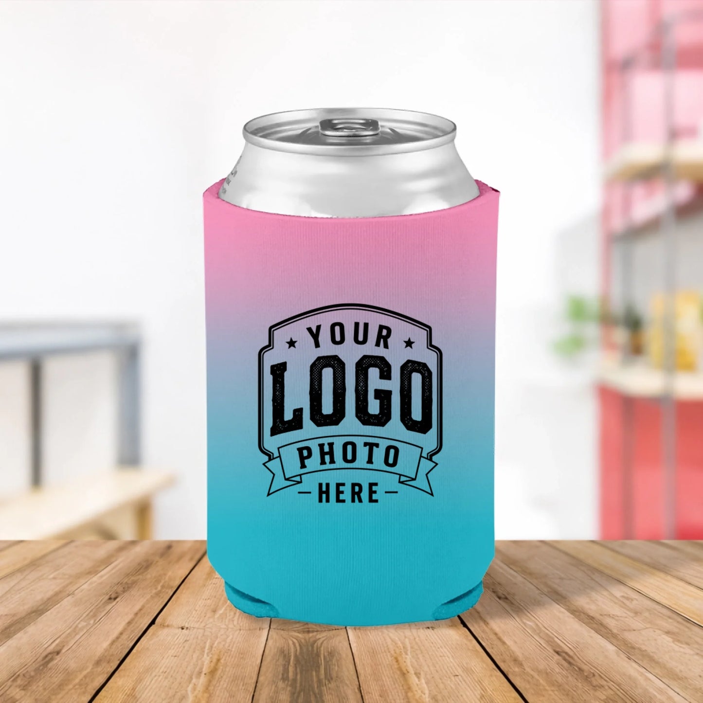 Custom printed Tropic Breeze pink and teal can cooler personalized with logos, names, text, and artwork for beach parties, weddings, businesses, fundraisers, and promotional events.