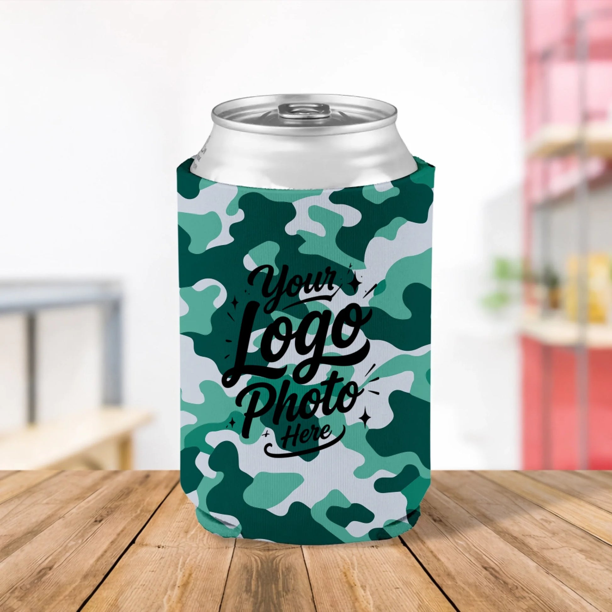 Custom printed Woodland Green camouflage can cooler personalized with logos, names, text, and artwork for hunting clubs, outdoor events, businesses, and promotional giveaways.