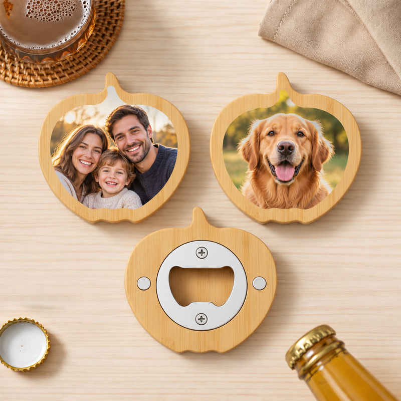 Custom Pumpkin Photo Bottle Opener Magnet with family and dog photo personalization examples