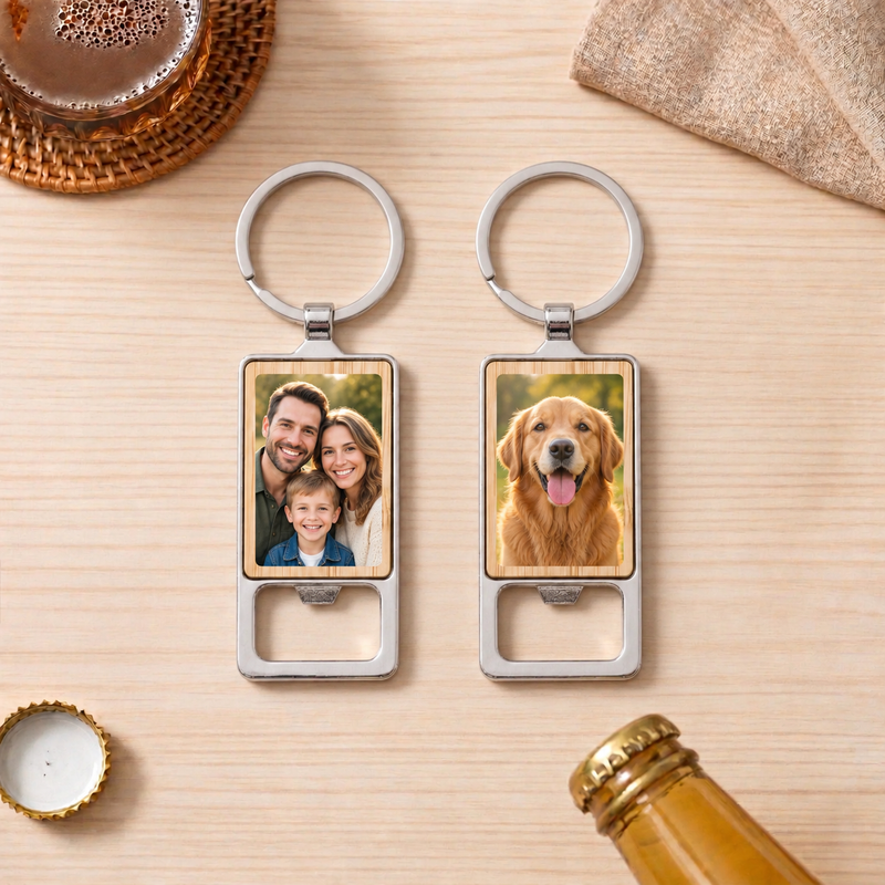 Custom Rectangle Photo Bottle Opener Keychain with family and dog photo personalization examples