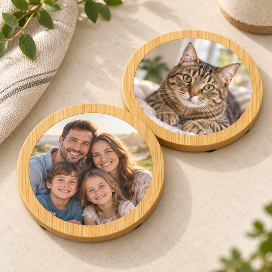 Custom round bamboo coasters showing family and pet photo examples; sold individually