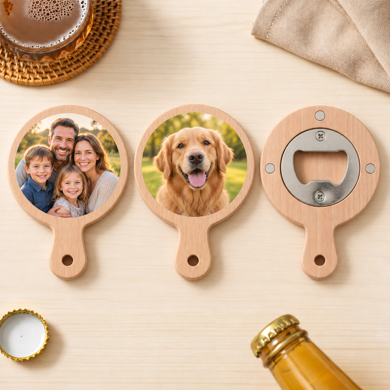 Custom Round Bamboo Photo Bottle Opener with Handle showing family and dog photo personalization examples