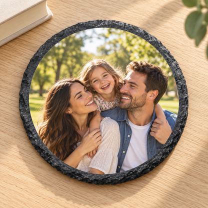 Illustrative round custom photo slate coaster featuring parents and daughter, 3.55 inches, Outta PHX Print Shop