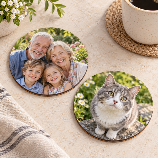 Custom round mdf coasters showing family and pet photo examples; sold individually