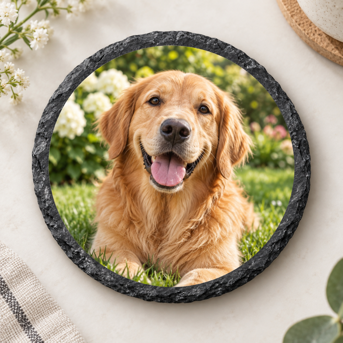 Illustrative round custom photo slate coaster featuring golden retriever, 3.55 inches, Outta PHX Print Shop