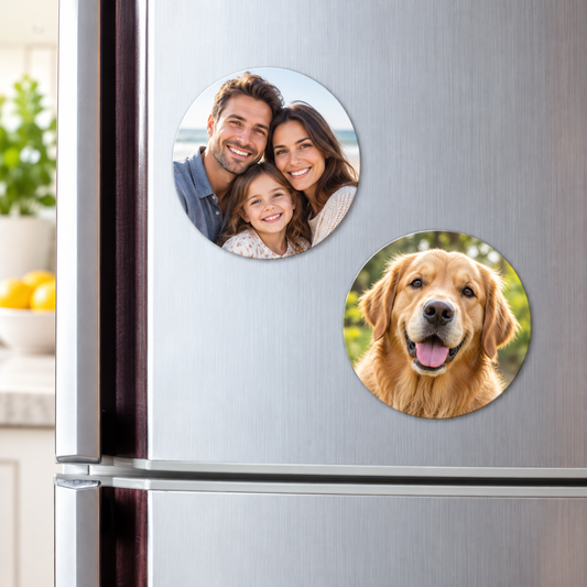round photo fridge magnets displaying a family portrait and golden retriever on a refrigerator
