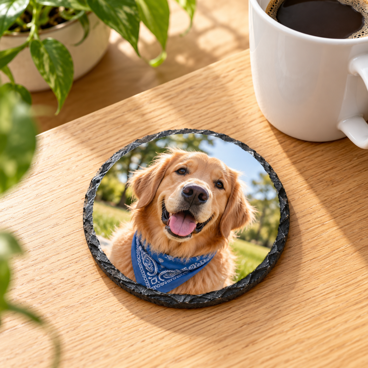 Custom round photo slate coaster featuring a golden retriever on a warm wood table