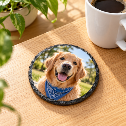 Custom round photo slate coaster featuring a golden retriever on a warm wood table