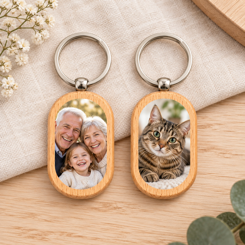 Custom Rounded Rectangle Wood Photo Keychain with family and pet photo examples.