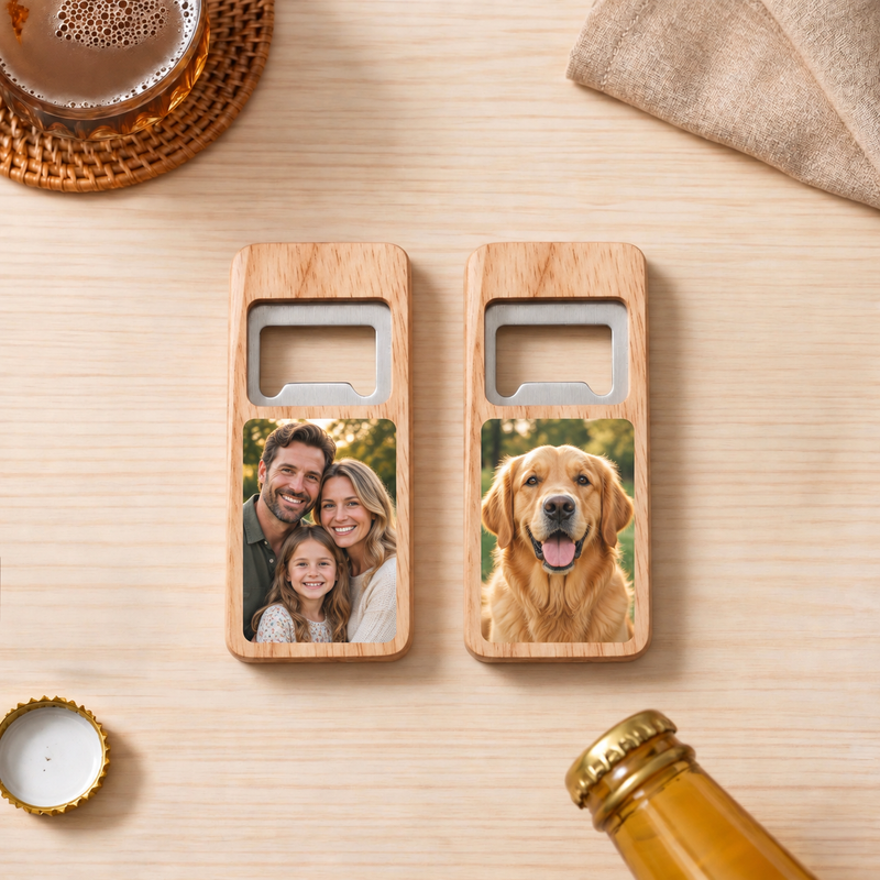 Custom Rounded Rectangle Wood Photo Bottle Opener with family and dog photo personalization examples