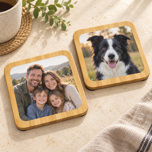 Custom rounded square bamboo coasters showing family and pet photo examples; sold individually