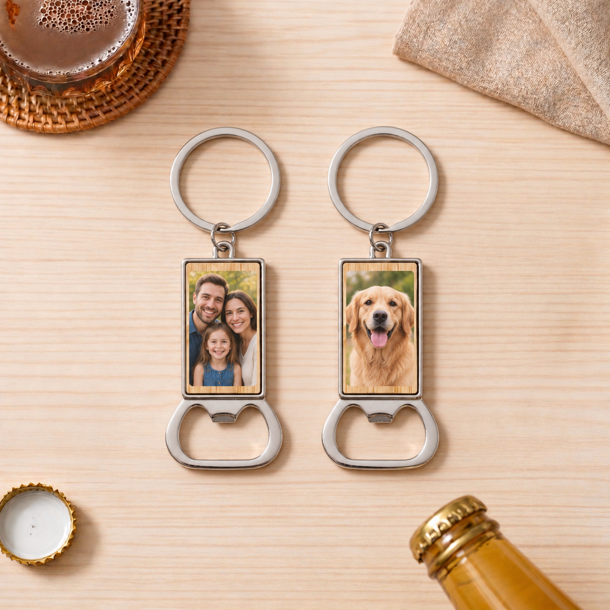 Custom Small Rectangle Photo Bottle Opener Keychain with family and dog photo personalization examples