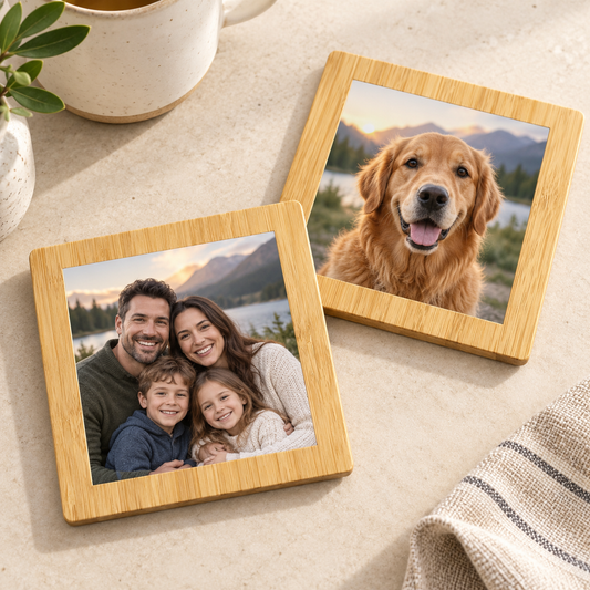 Custom square bamboo coasters showing family and pet photo examples; sold individually