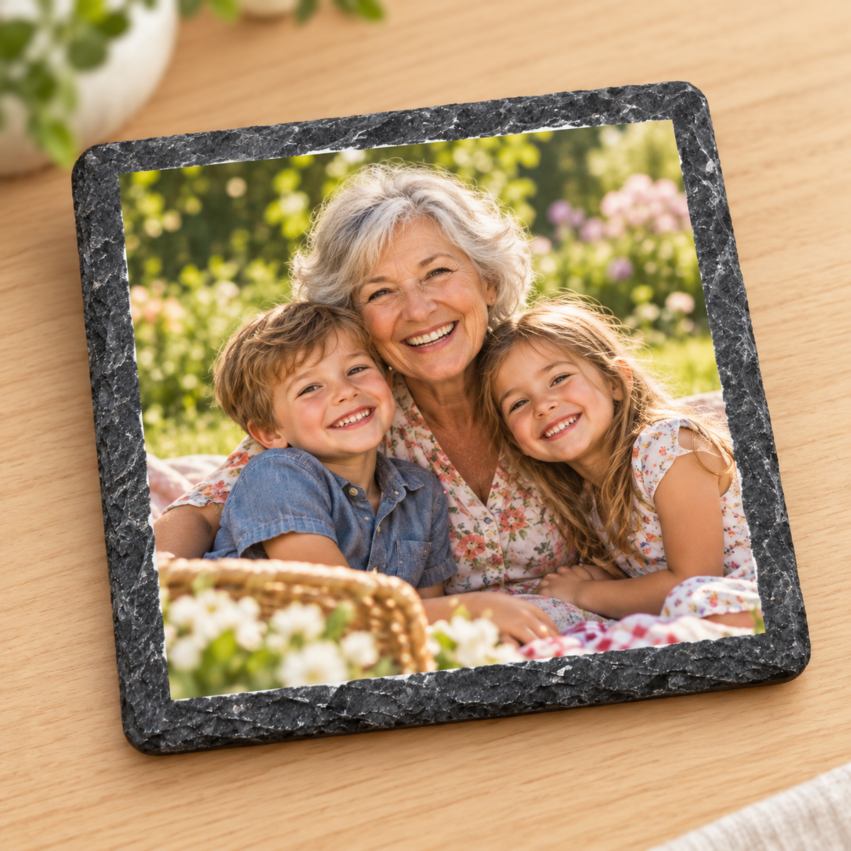 Illustrative square custom photo slate coaster featuring grandmother and grandchildren, 3.55 inches, Outta PHX Print Shop