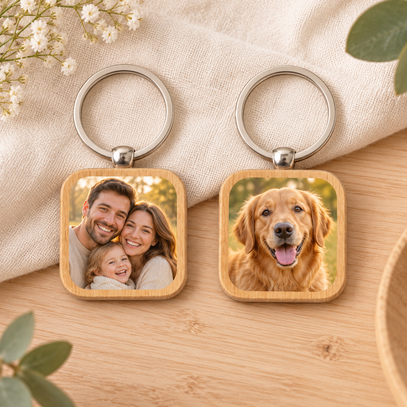 Custom Square Wood Photo Keychain with family and dog photo examples