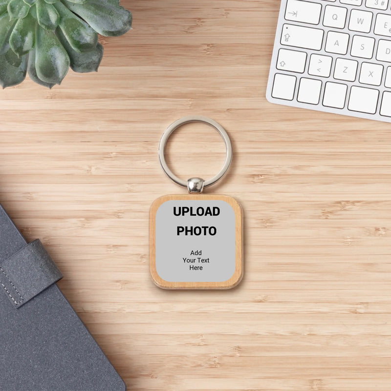 Custom square keychain personalized with logos, photos, names, and artwork for businesses, schools, promotional giveaways, events, and personalized gifts.