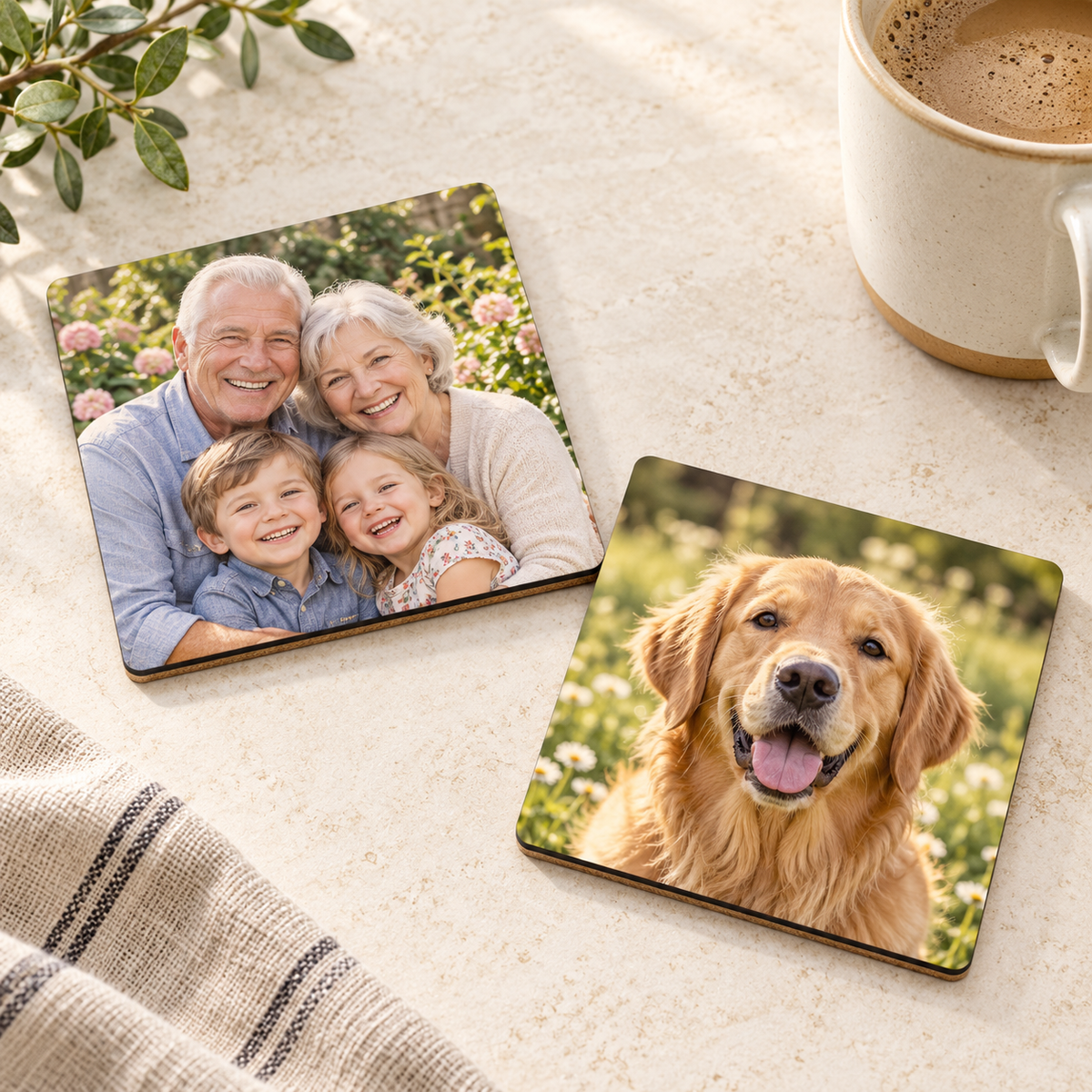 Custom square mdf coasters showing family and pet photo examples; sold individually