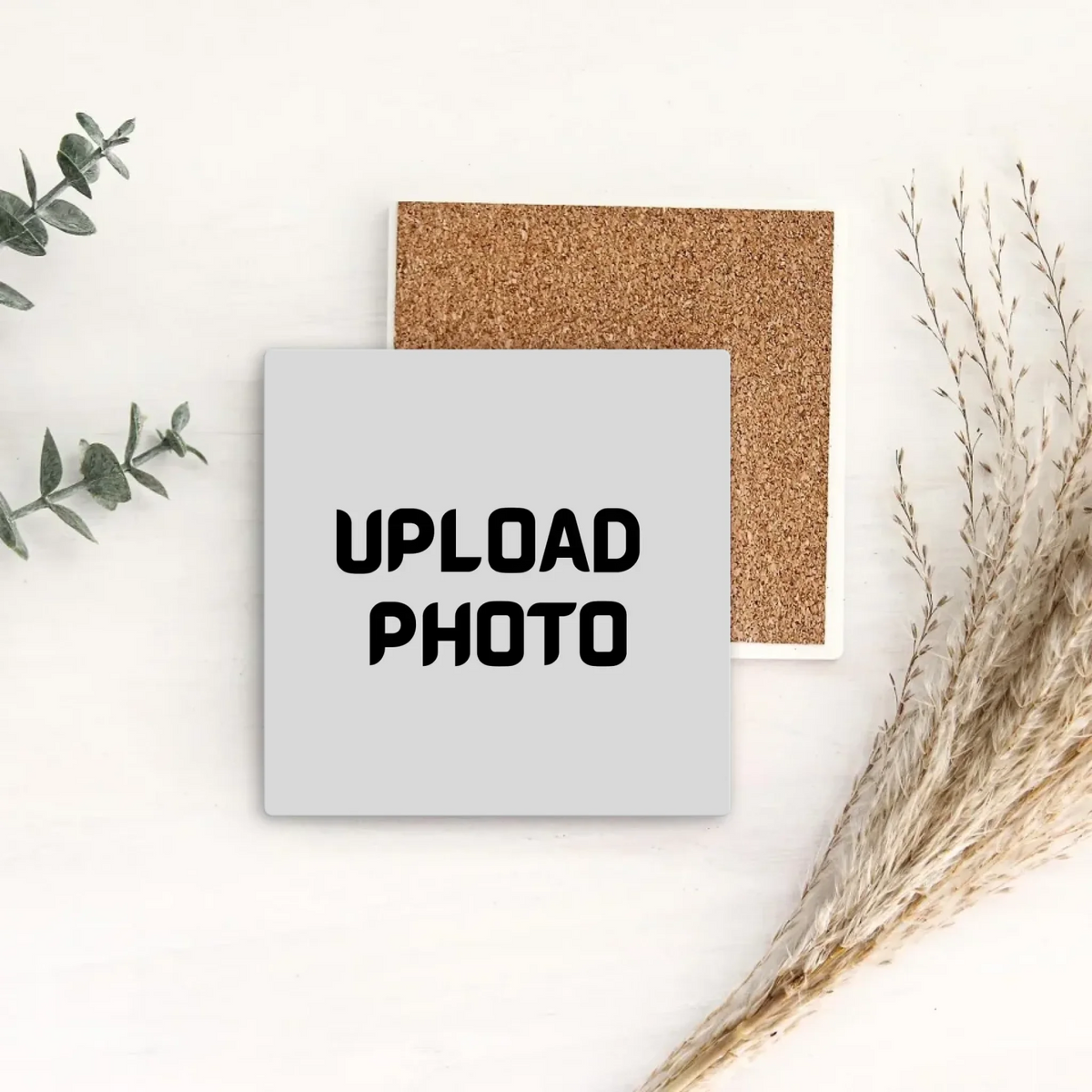 Front upload preview and back of a square MDF coaster with cork backing