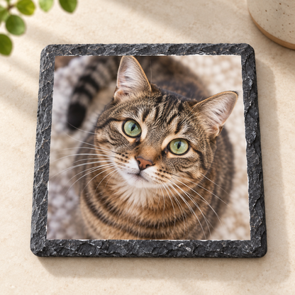 Illustrative square custom photo slate coaster featuring tabby cat, 3.55 inches, Outta PHX Print Shop