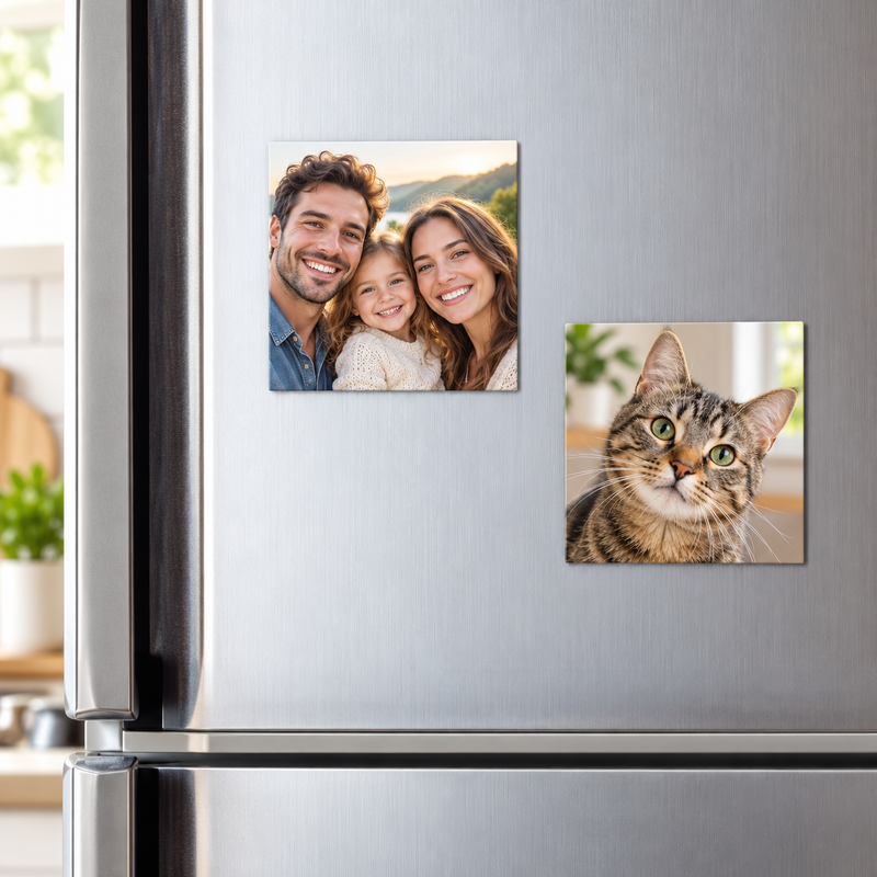 square photo fridge magnets displaying a family portrait and tabby cat on a refrigerator