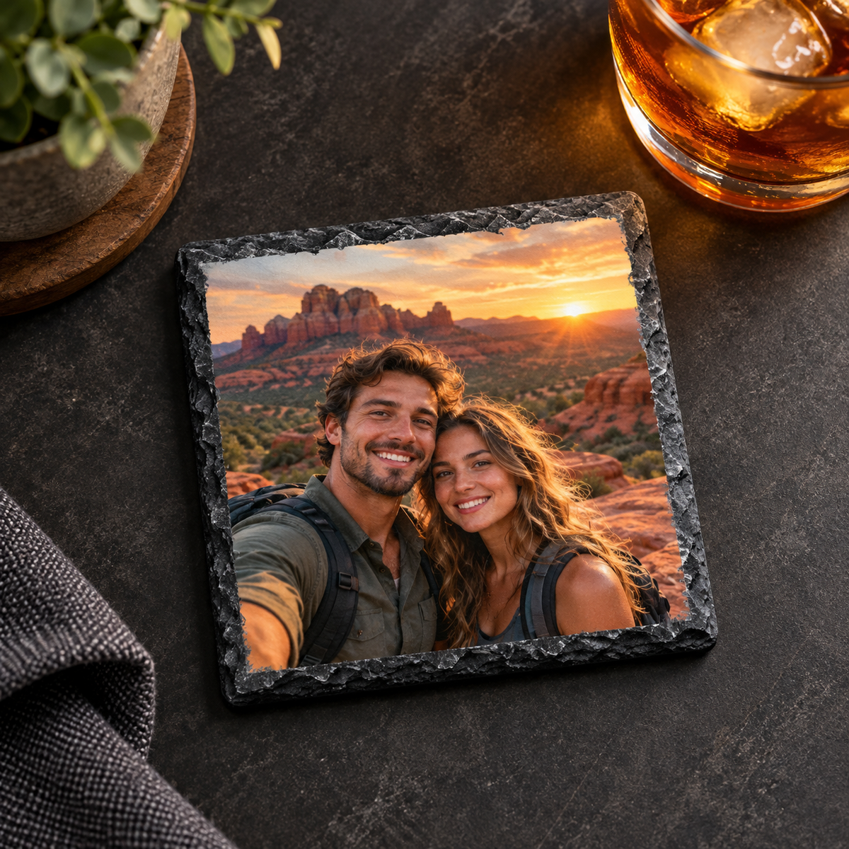 Custom square photo slate coaster featuring a couple at Sedona sunset on a dark desk