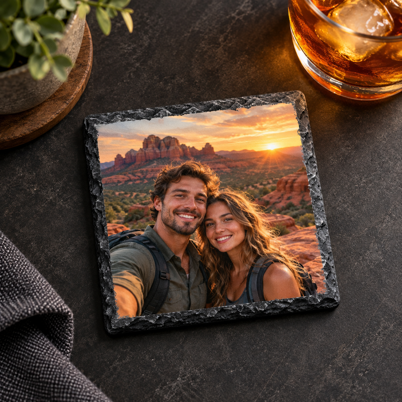 Custom square photo slate coaster featuring a couple at Sedona sunset on a dark desk