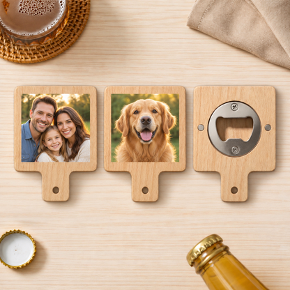 Custom Square Wood Photo Bottle Opener with Handle showing family and dog photo personalization examples