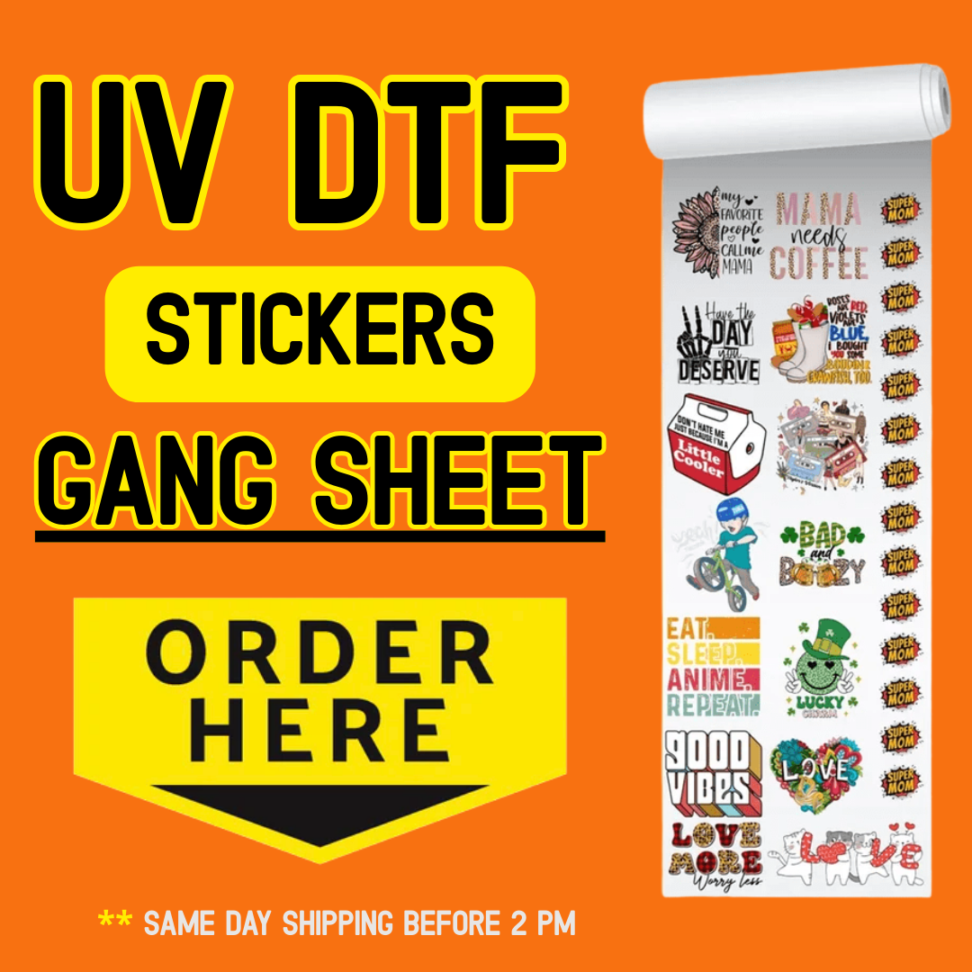 Custom UV DTF sticker gang sheets with vibrant full-color transfers for tumblers, cups, glass, acrylic, plastic, metal, wood, and promotional products.