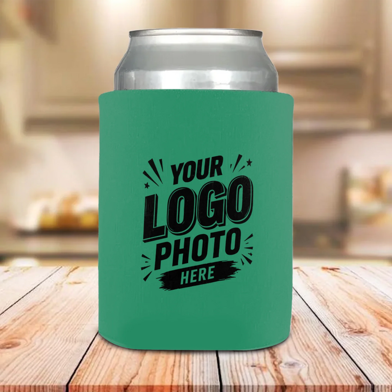 Customizable colored can coolers personalized with logos, artwork, photos, and text for businesses, weddings, parties, fundraisers, and promotional events.