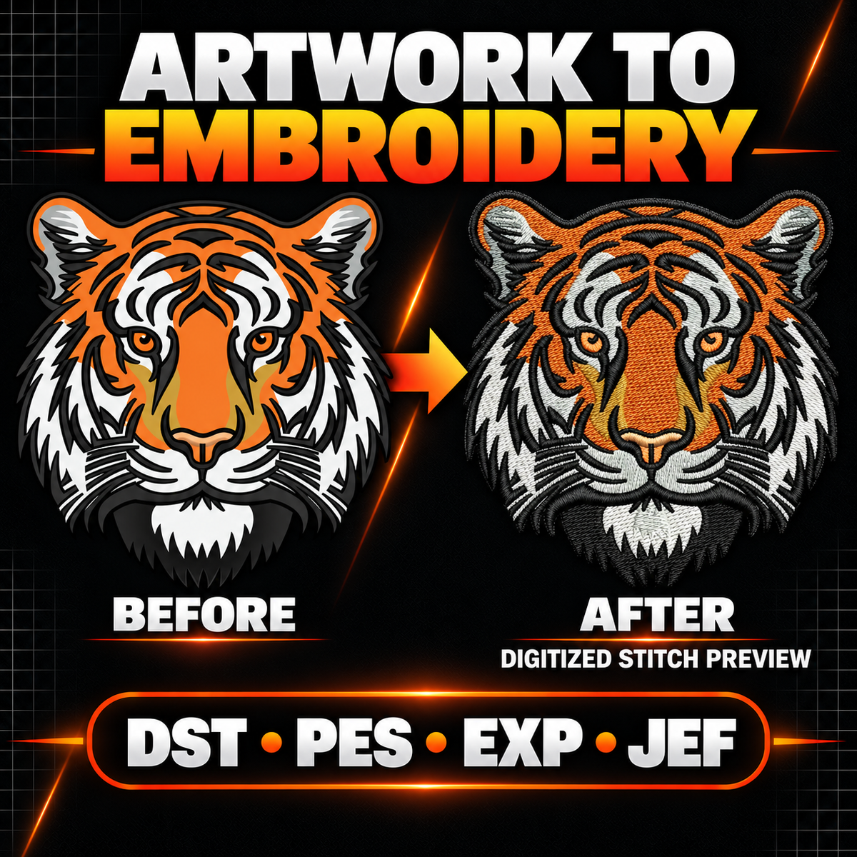 Before-and-after embroidery digitizing example showing flat tiger artwork converted into a detailed digitized stitch preview.