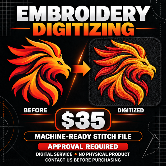 Before-and-after embroidery digitizing service showing artwork converted into a machine-ready stitched design for $35.
