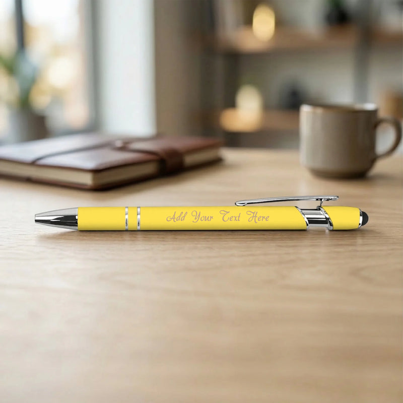Custom engraved yellow soft-touch stylus pen with business logo, made in Phoenix AZ

