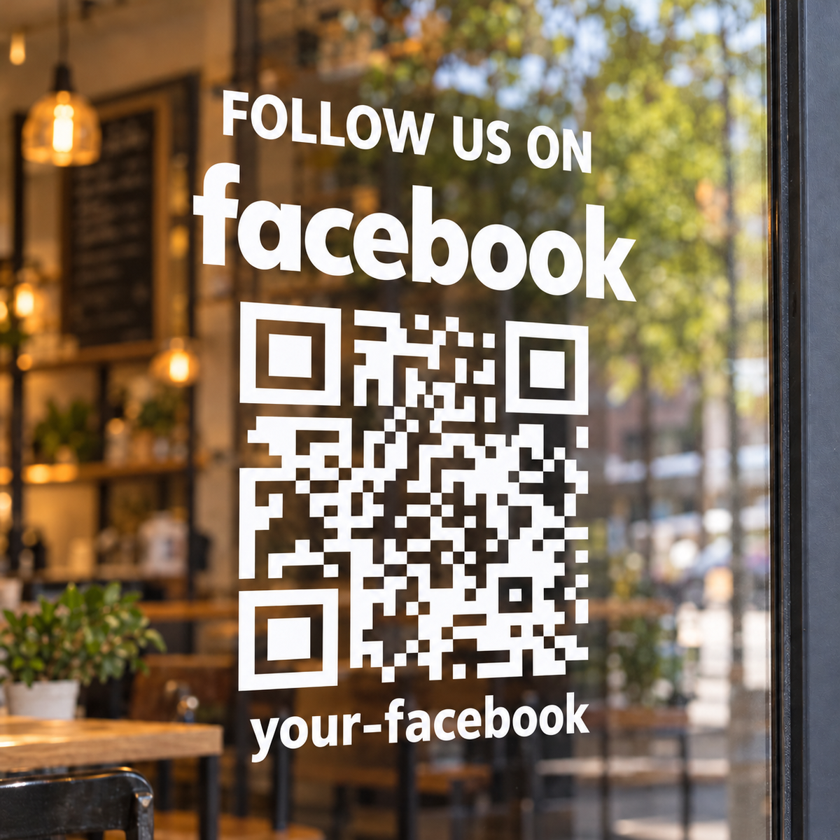 White lowercase facebook QR decal on cafe window - sample your-facebook