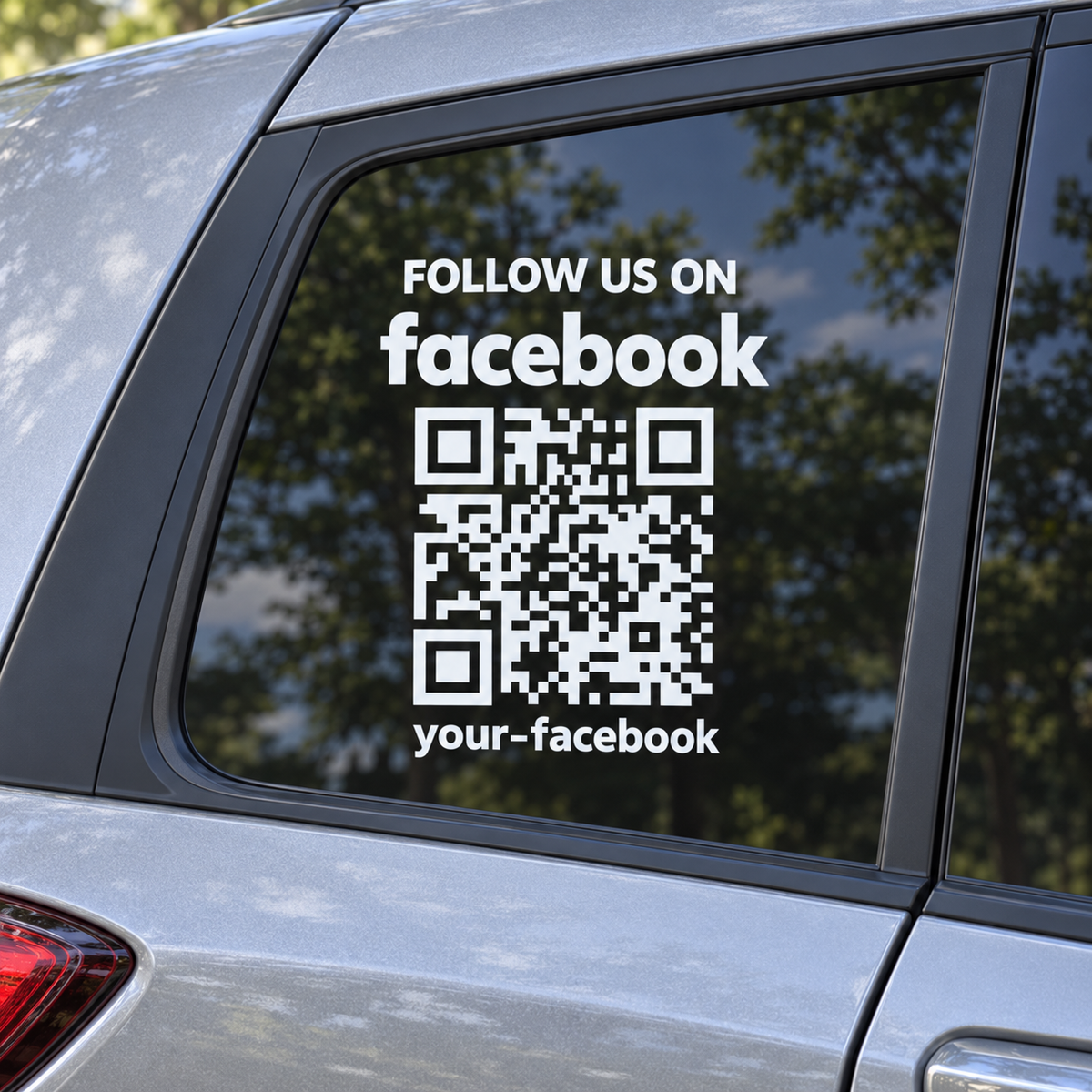White lowercase facebook QR decal on car window - sample your-facebook