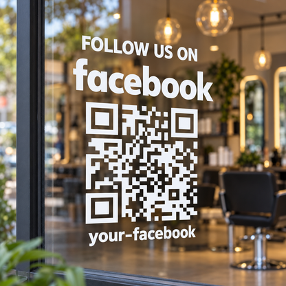 White lowercase facebook QR decal on salon window - sample your-facebook