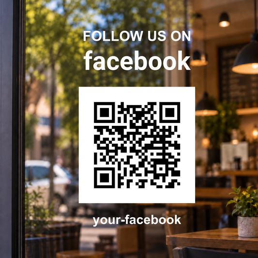 Black QR on opaque white vinyl panel with facebook window lettering