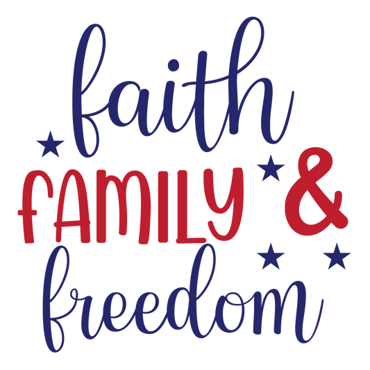 Faith Family and Freedom in bold stacked red and navy lettering.