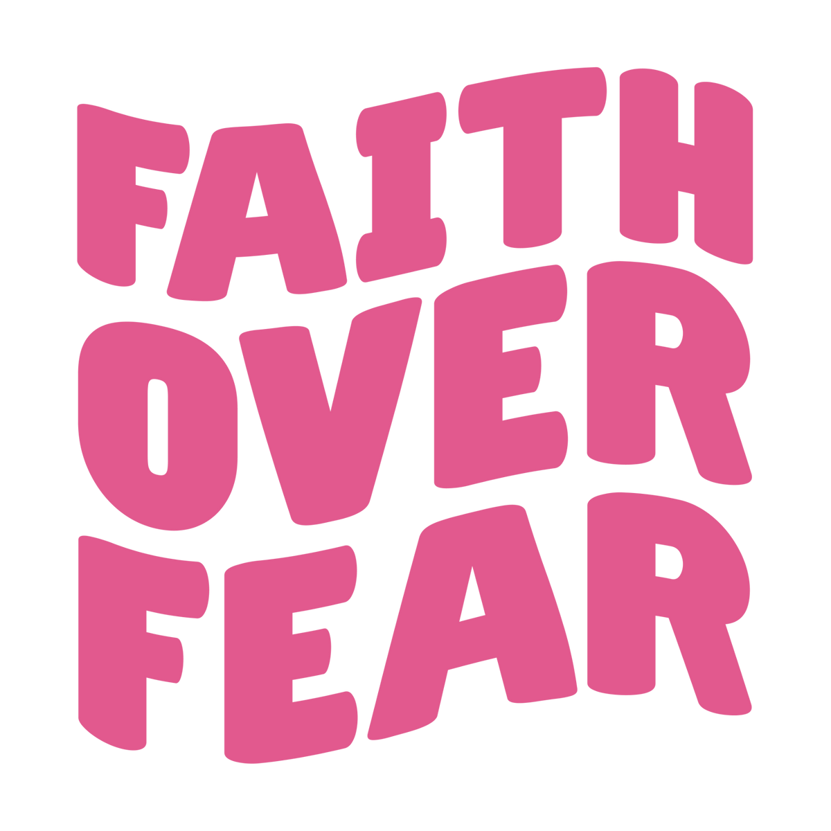 Faith Over Fear in three lines of bold pink lettering with a gently curved layout.