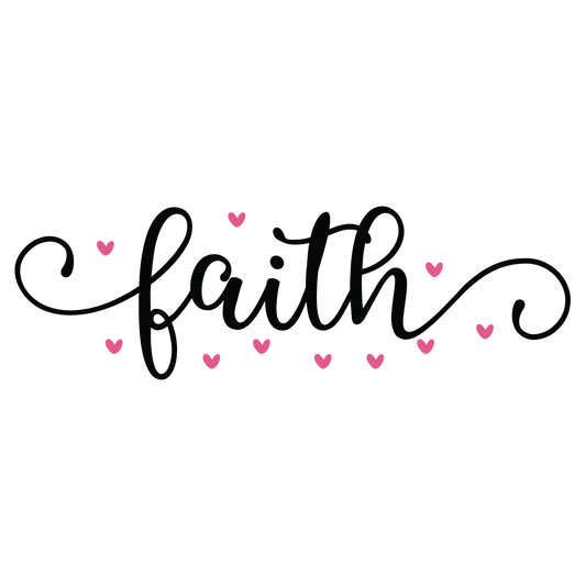 Black faith script with long curved flourishes and small pink hearts.