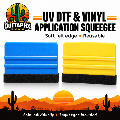 Blue and yellow felt-edge squeegees for UV DTF and vinyl, sold individually