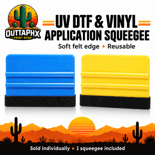 Blue and yellow felt-edge squeegees for UV DTF and vinyl, sold individually