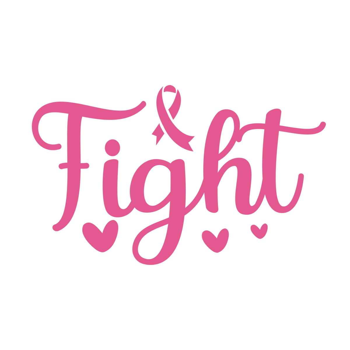 Pink Fight script with an awareness ribbon accent and two pink hearts.
