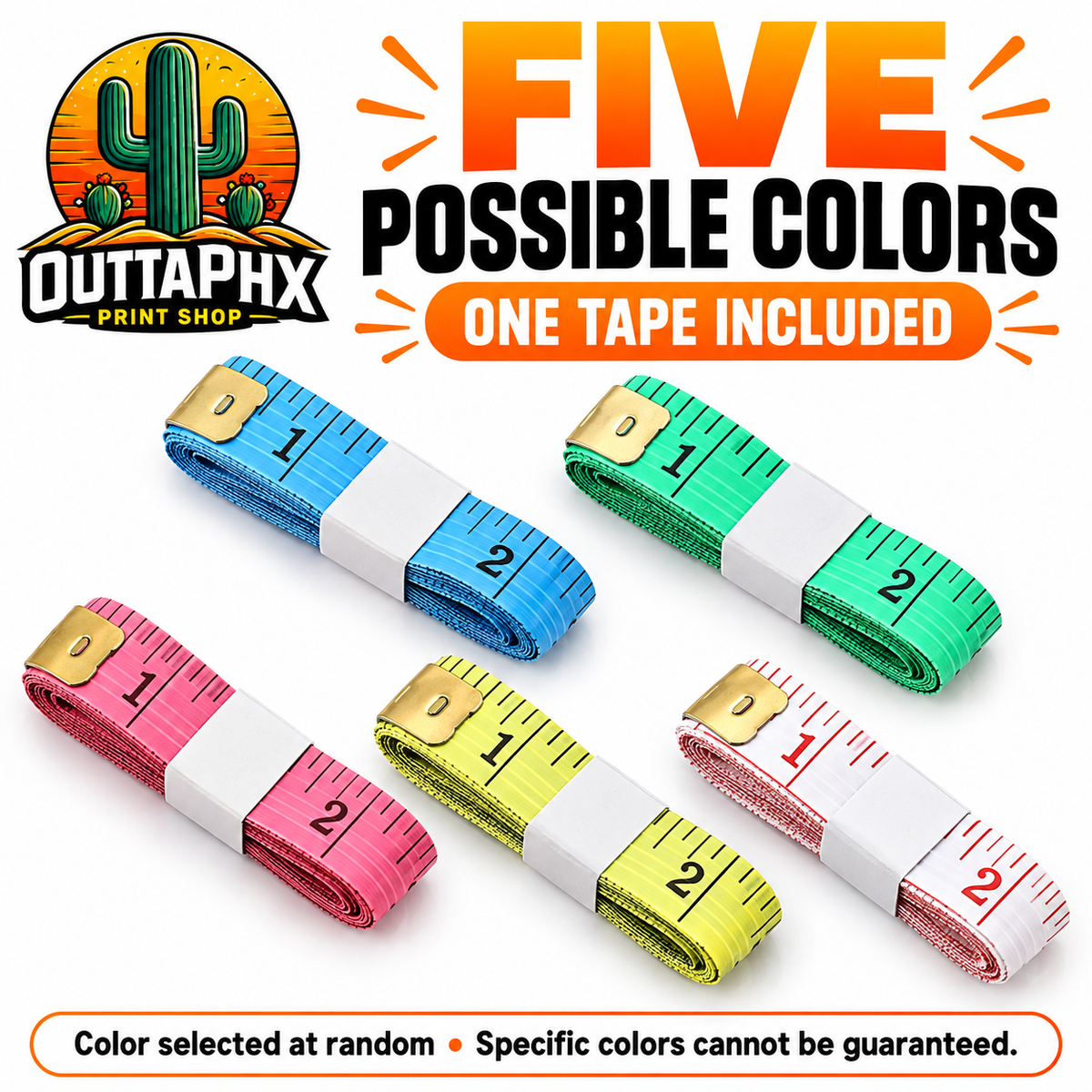 Blue, green, pink, yellow and white measuring tapes showing possible colors; one randomly selected tape included.