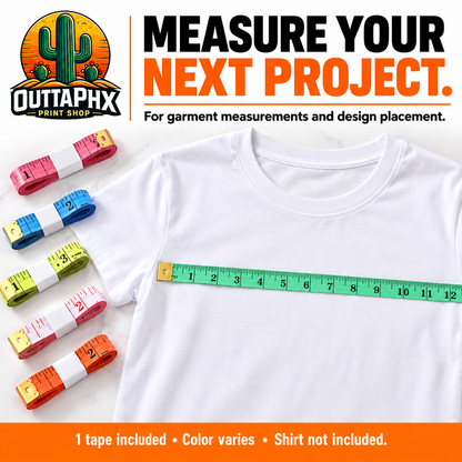 Flexible measuring tape across a white T-shirt with assorted folded tapes beside it; one random-color tape included.