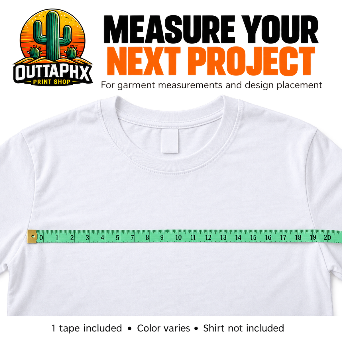 Green flexible measuring tape across a white T-shirt for garment measurements and design placement.